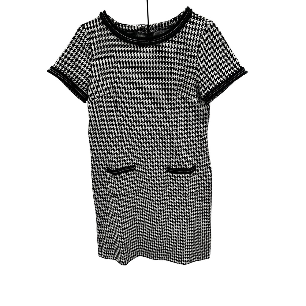 Talbots Black White Houndstooth Shift Dress Short Sleeve Size 6‎ Fringe Trim